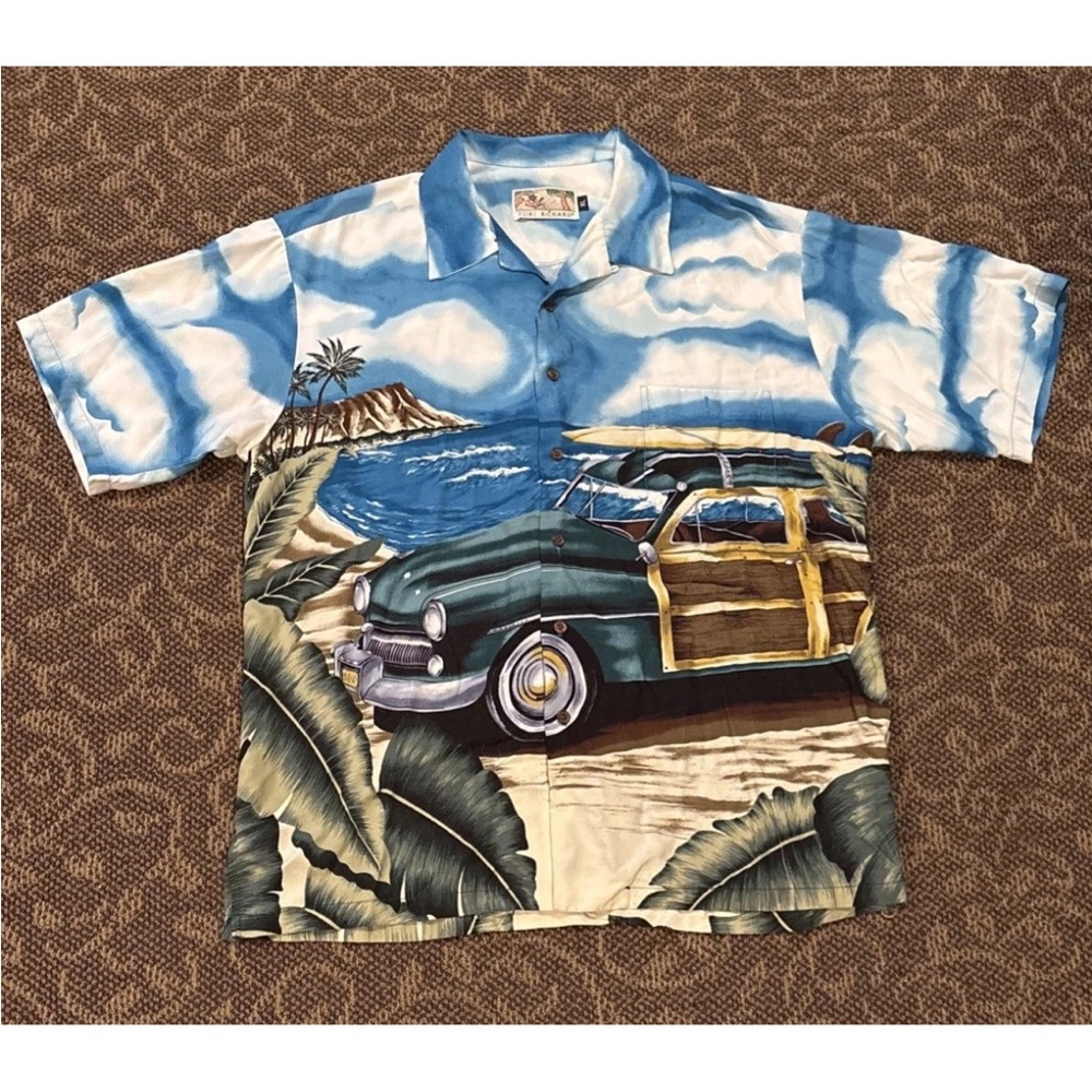 Tori Richard Blue and Green Casual Button Down Shirt with Scenic Design